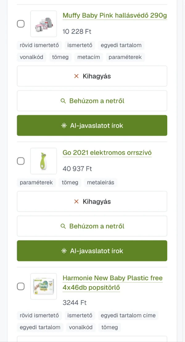 Új termékek előkészítése: terméknév, ár, alatta a hiányzó mezők címkéi, és három út – kihagyás, adatkeresés a neten, AI-javaslat