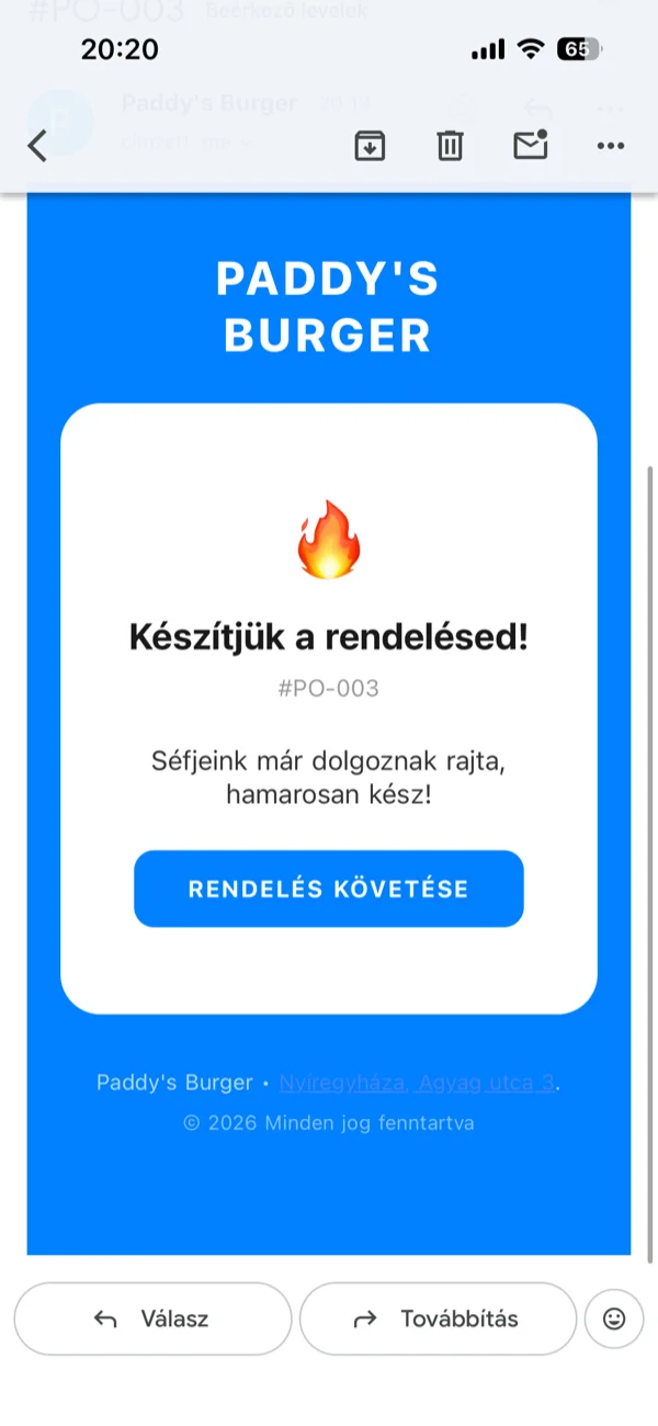 Automatizált emailek az életciklusban: visszaigazolás, elfogadás, készítés, átvételre kész, köszönet