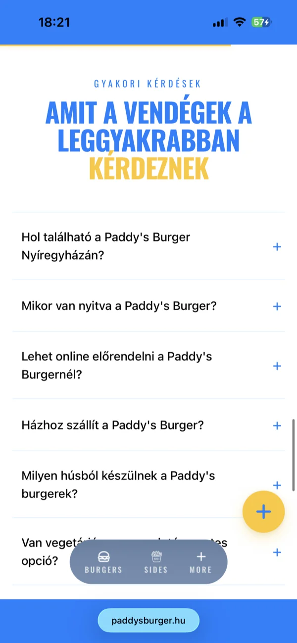 A kezdőlap egymást követő szekciói: hero, étlap, Paddy's Club, gyakori kérdések