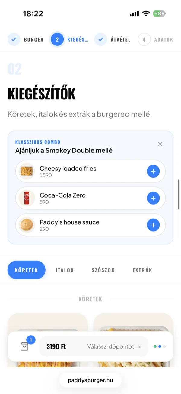 A négylépéses előrendelés: burger, kiegészítők, átvétel, adatok