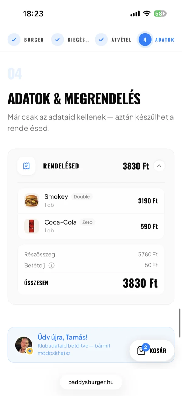 A négylépéses előrendelés: burger, kiegészítők, átvétel, adatok