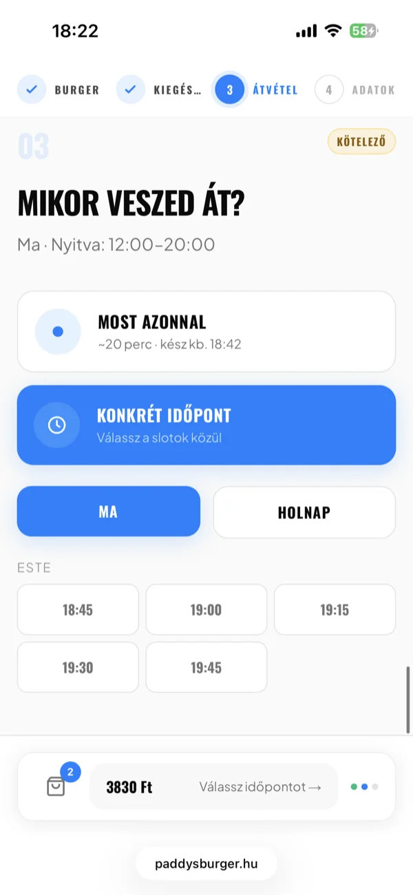 A négylépéses előrendelés: burger, kiegészítők, átvétel, adatok