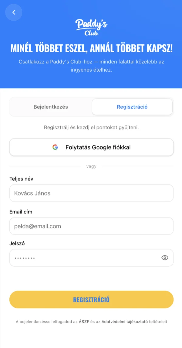 Regisztráció: Google OAuth vagy email/jelszó, valós idejű jelszóvalidálással