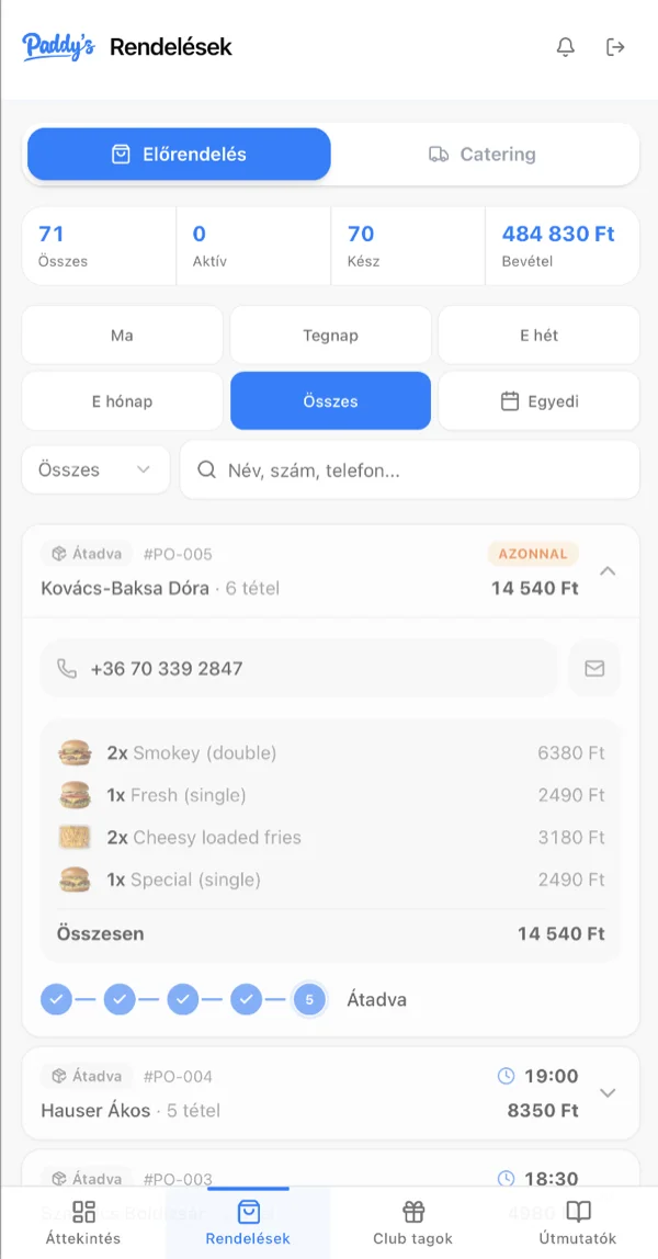 Beérkező rendelések: állapotok, tételek és átvételi idők élőben