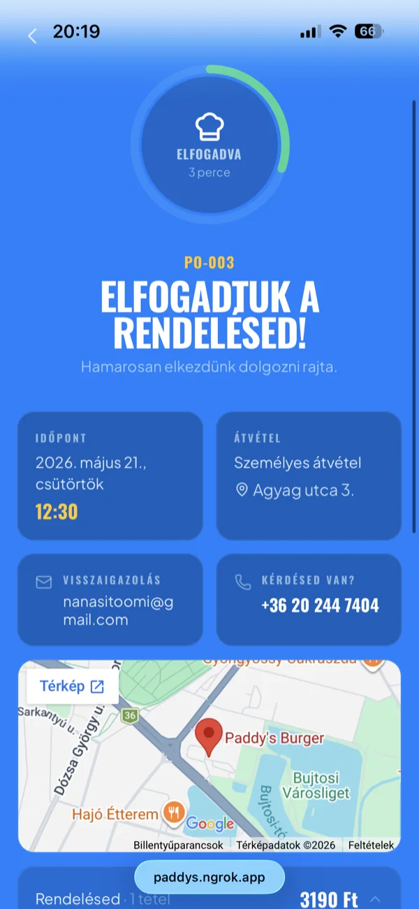 A valós idejű követőoldal öt állapota: beérkezett, elfogadva, készül, elkészült, átvéve