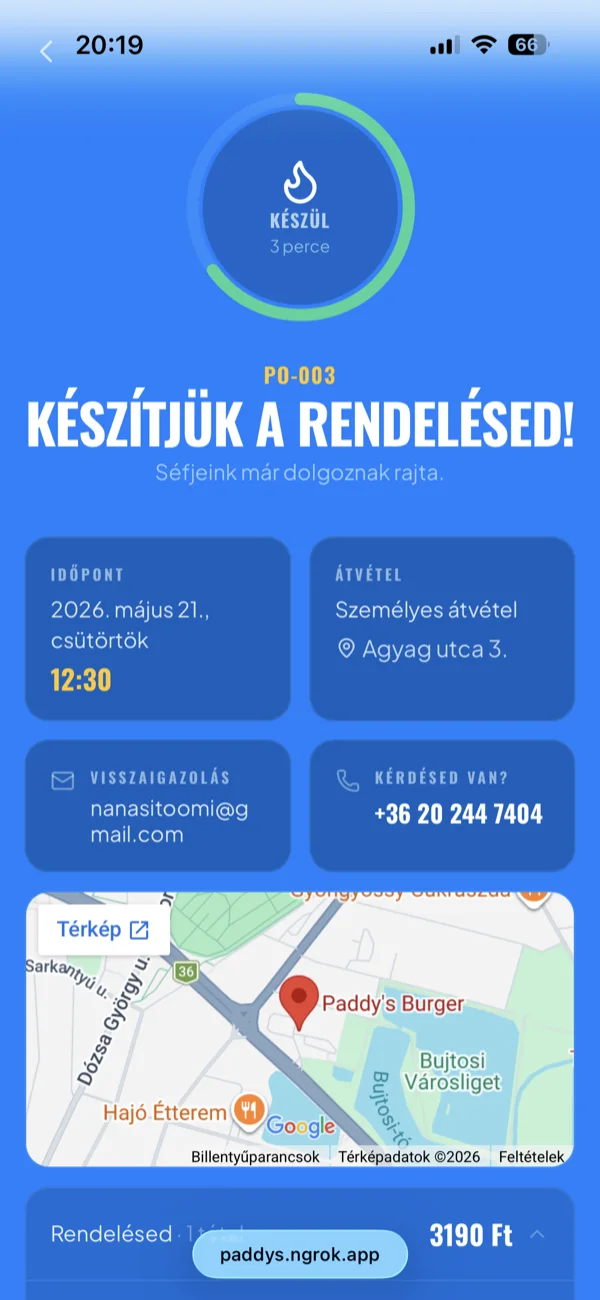 A valós idejű követőoldal öt állapota: beérkezett, elfogadva, készül, elkészült, átvéve