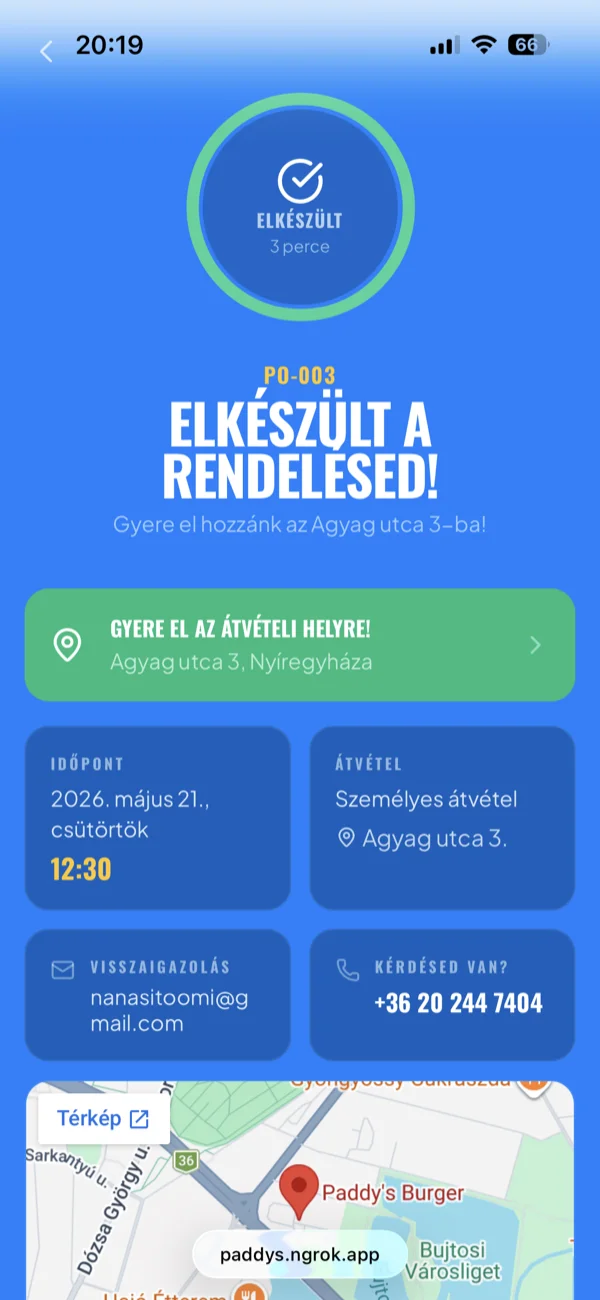 A valós idejű követőoldal öt állapota: beérkezett, elfogadva, készül, elkészült, átvéve