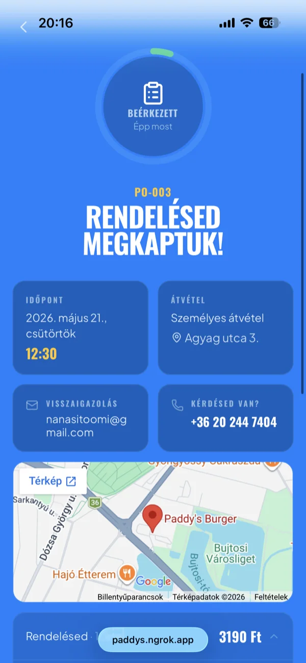 A valós idejű követőoldal öt állapota: beérkezett, elfogadva, készül, elkészült, átvéve
