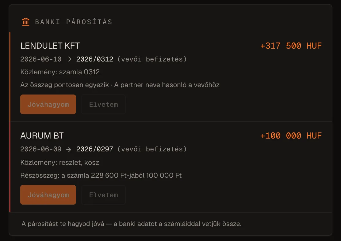 Banki párosítás: a kivonat utalásai a számlákhoz rendelve, a párosítást te hagyod jóvá