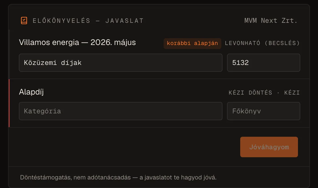 Előkönyvelési javaslat egy bejövő számlára: kategória és levonható áfa, a te jóváhagyásodra várva